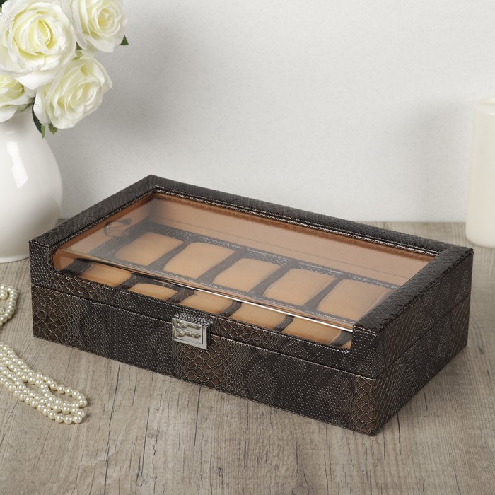Шкатулка кожзам под часы 12 отделений "Рептилия" коричневая 10,5х35х20,5 см