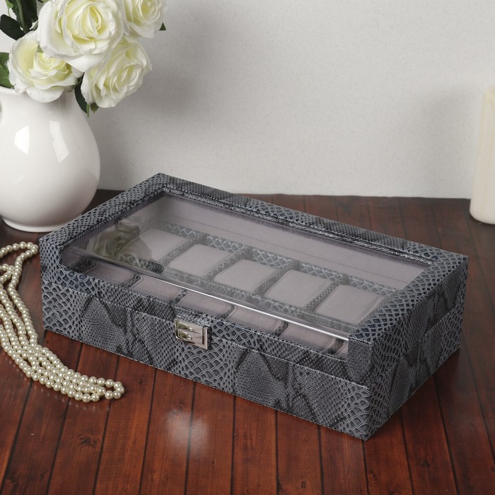 Шкатулка кожзам под часы 12 отделений "Рептилия" серая 10,5х35х20,5 см