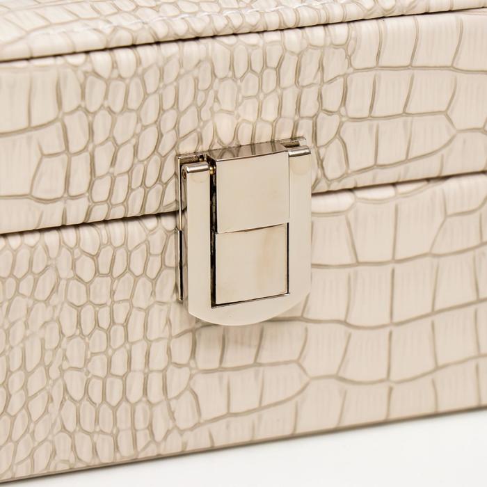 Шкатулка кожзам под часы 2 отделения и бижутерию "Рептилия белая" матовая 8х15,5х11 см