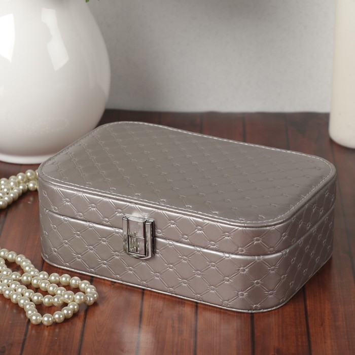 Шкатулка кожзам под часы 1 отделение и бижутерию "Стёганная" серебро 7х20,5х14 см