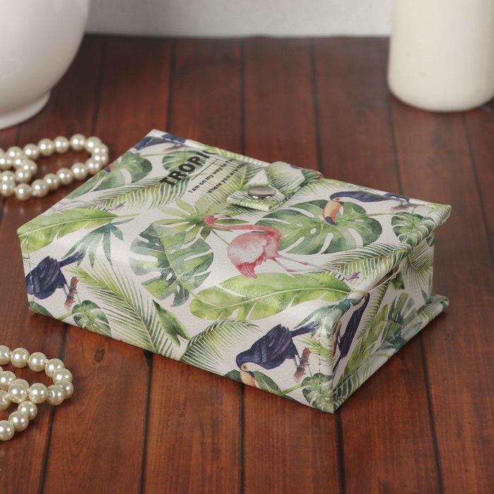 Шкатулка кожзам для украшений "Фламинго и тукан в джунглях" 4,5х15,5х10,5 см