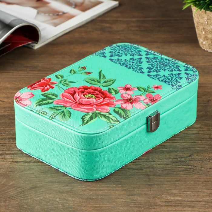 Шкатулка кожзам под часы 1 отделение и бижутерию "Дамаск и розы на зелёном" 7х22,5х14,5 см