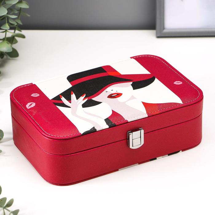 Шкатулка кожзам под часы 1 отделение и бижутерию "Леди в шляпе" 7х22,5х14,5 см