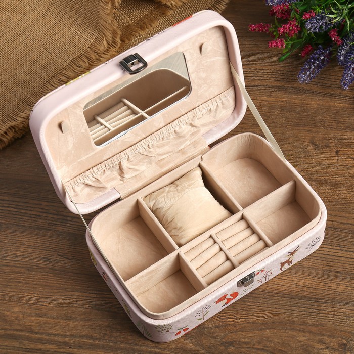 Шкатулка кожзам под часы 1 отделение и бижутерию "Лесные зверята" розовая 7х22,5х14,5 см