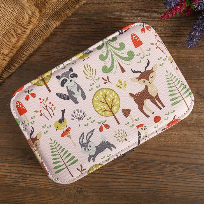 Шкатулка кожзам под часы 1 отделение и бижутерию "Лесные зверята" розовая 7х22,5х14,5 см