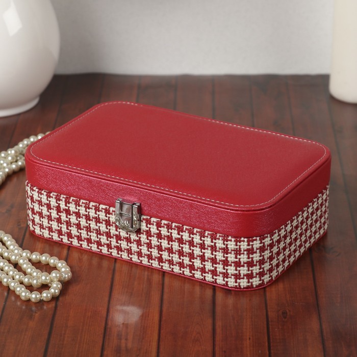 Шкатулка кожзам под часы 1 отделение и бижутерию "Клеточка с люрексом" красн 7х22,5х14,5 см