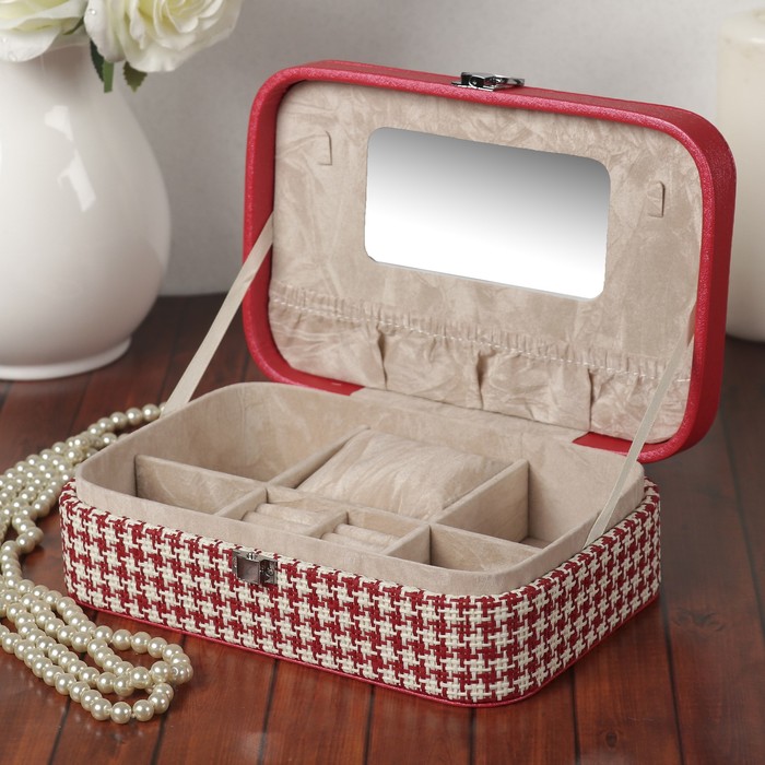 Шкатулка кожзам под часы 1 отделение и бижутерию "Клеточка с люрексом" красн 7х22,5х14,5 см