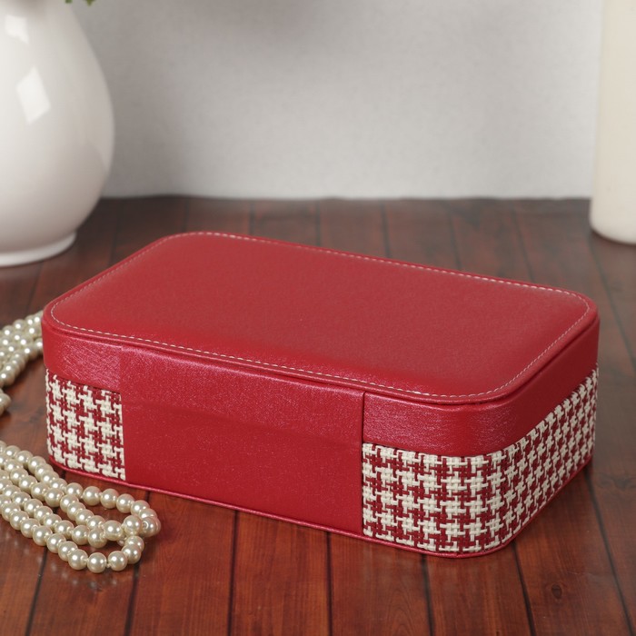 Шкатулка кожзам под часы 1 отделение и бижутерию "Клеточка с люрексом" красн 7х22,5х14,5 см