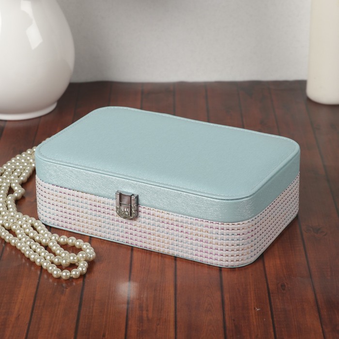 Шкатулка кожзам под часы 1 отделение и бижутерию "Клеточка с люрексом" голуб 7х22,5х14,5 см