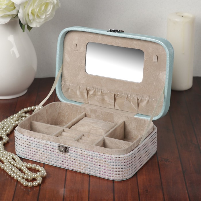 Шкатулка кожзам под часы 1 отделение и бижутерию "Клеточка с люрексом" голуб 7х22,5х14,5 см