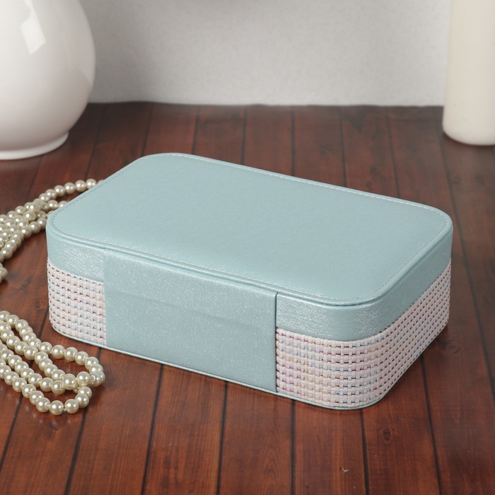 Шкатулка кожзам под часы 1 отделение и бижутерию "Клеточка с люрексом" голуб 7х22,5х14,5 см