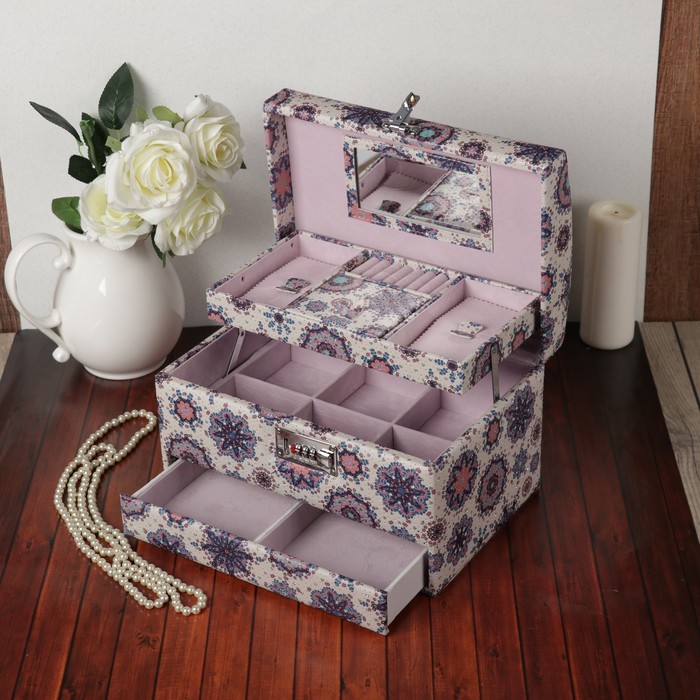 Шкатулка кожзам для украшений "Восточный узор" белая 19х30х20,5 см