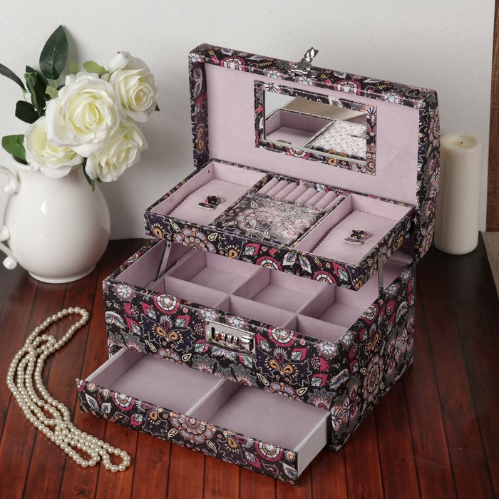 Шкатулка кожзам для украшений "Восточный узор" чёрная 19х30х20,5 см