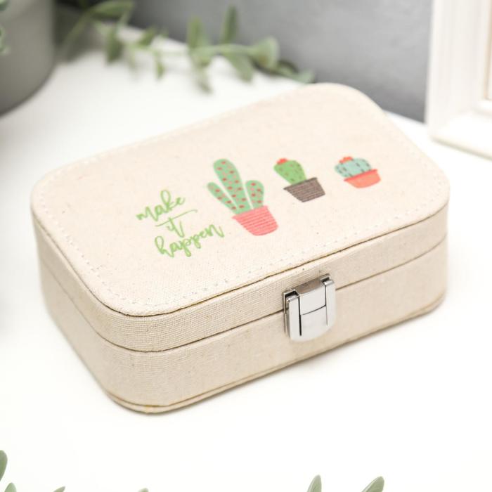 Шкатулка текстиль для украшений "Кактусы в горшочках" 5х15х10 см