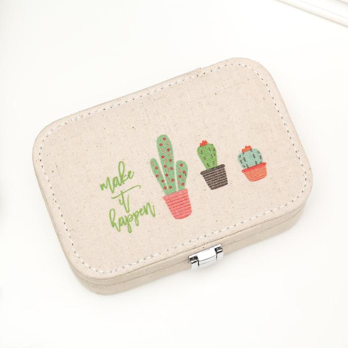 Шкатулка текстиль для украшений "Кактусы в горшочках" 5х15х10 см