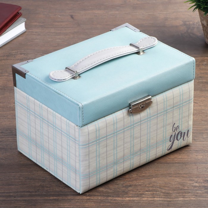 Шкатулка кожзам для украшений "Клеточка" голубая 14х20,5х15 см
