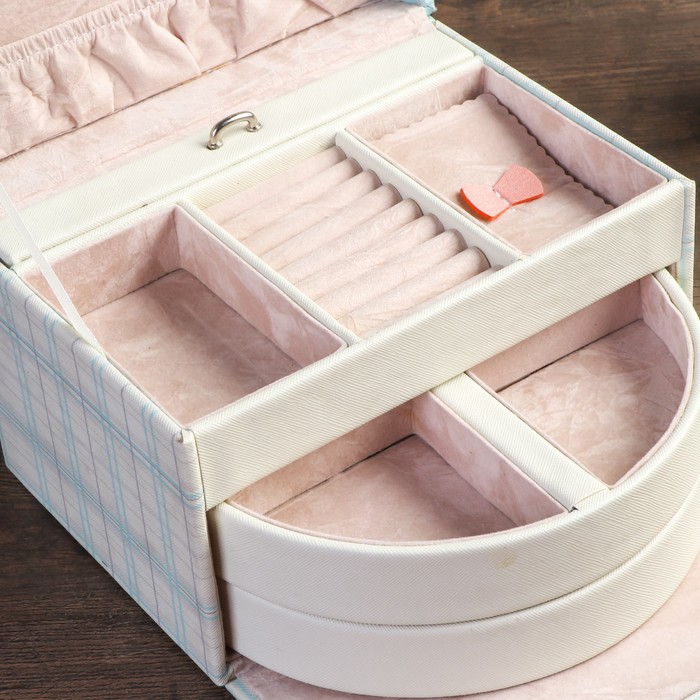 Шкатулка кожзам для украшений "Клеточка" голубая 14х20,5х15 см