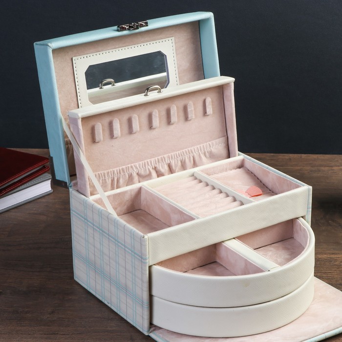 Шкатулка кожзам для украшений "Клеточка" голубая 14х20,5х15 см