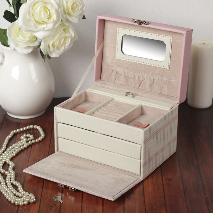 Шкатулка кожзам для украшений "Клеточка" розовая 14х20,5х15 см