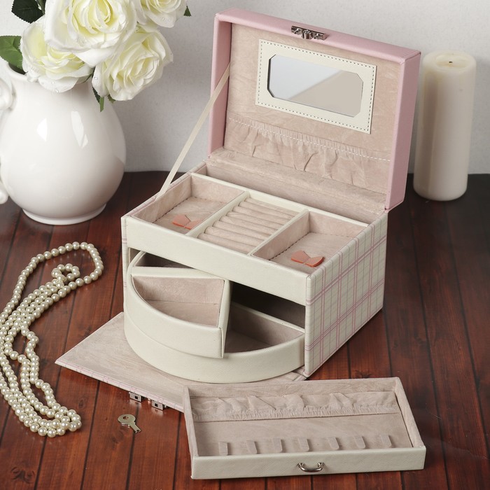 Шкатулка кожзам для украшений "Клеточка" розовая 14х20,5х15 см