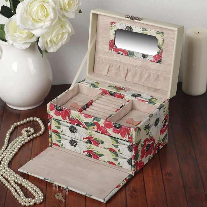 Шкатулка кожзам для украшений "Маки" 14х20,5х15 см