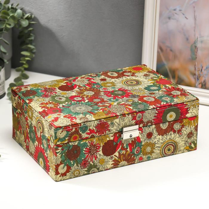 Шкатулка кожзам под часы 2 отделения и бижутерию "Подсолнуховое поле" 11х30х21,5 см