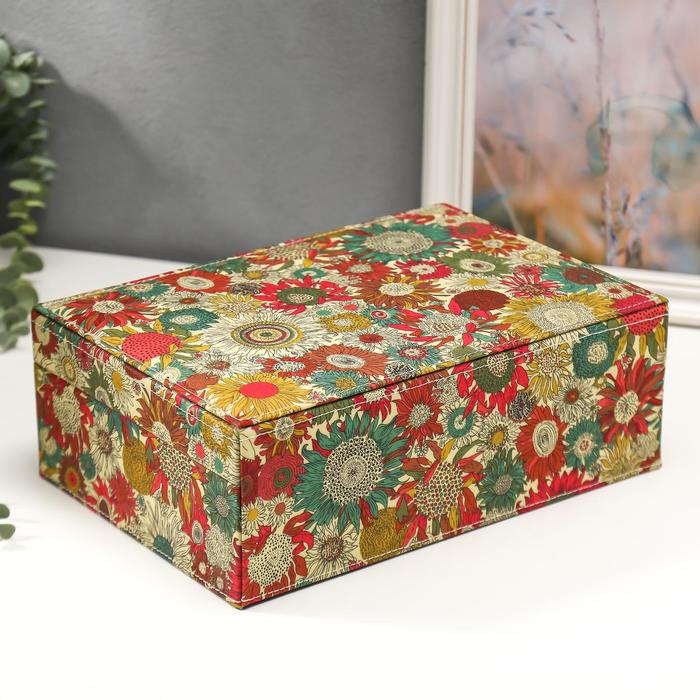 Шкатулка кожзам под часы 2 отделения и бижутерию "Подсолнуховое поле" 11х30х21,5 см