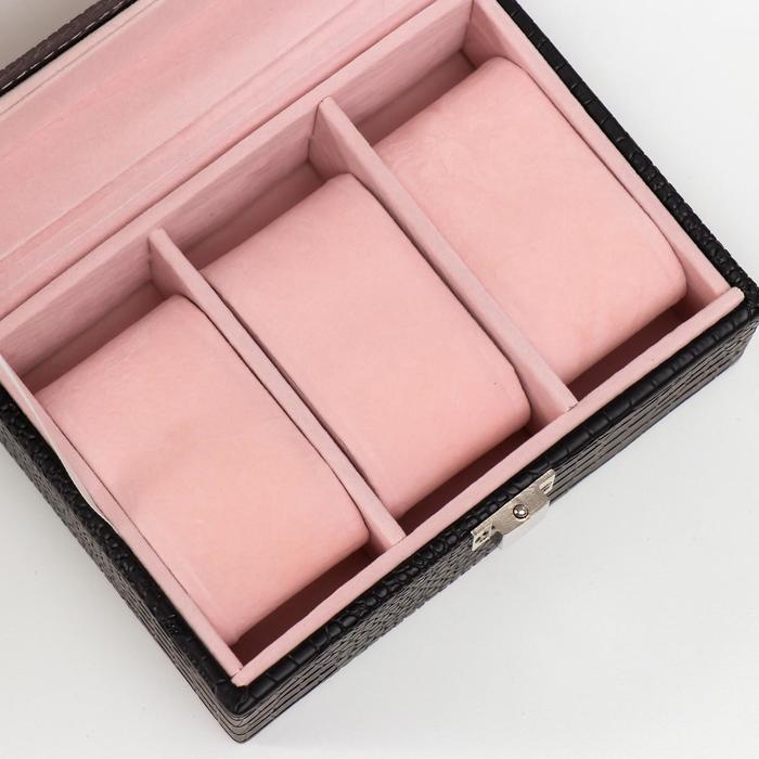 Шкатулка кожзам под часы 3 отделения "Рептилия" чёрная матовая 7,5х15,5х10,5 см