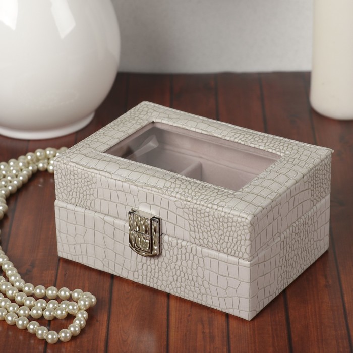 Шкатулка кожзам под часы 3 отделения "Рептилия" белая матовая 7,5х15,5х10,5 см