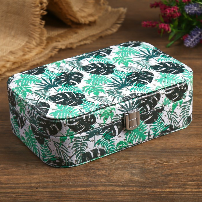 Шкатулка кожзам под часы 1 отделение и бижутерию "Пальмовые листья" с блёстками 7х22х15 см