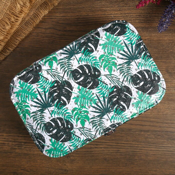 Шкатулка кожзам под часы 1 отделение и бижутерию "Пальмовые листья" с блёстками 7х22х15 см