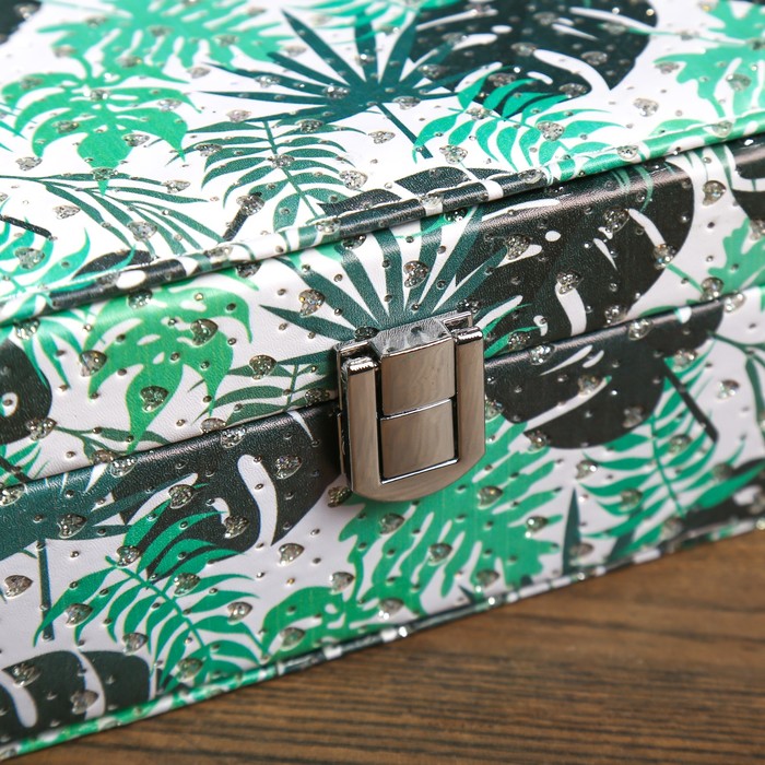 Шкатулка кожзам под часы 1 отделение и бижутерию "Пальмовые листья" с блёстками 7х22х15 см