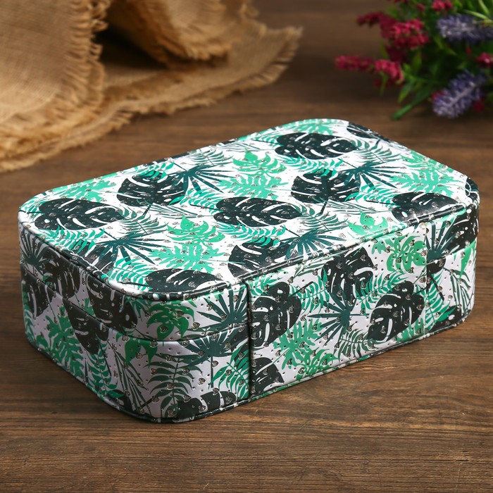 Шкатулка кожзам под часы 1 отделение и бижутерию "Пальмовые листья" с блёстками 7х22х15 см