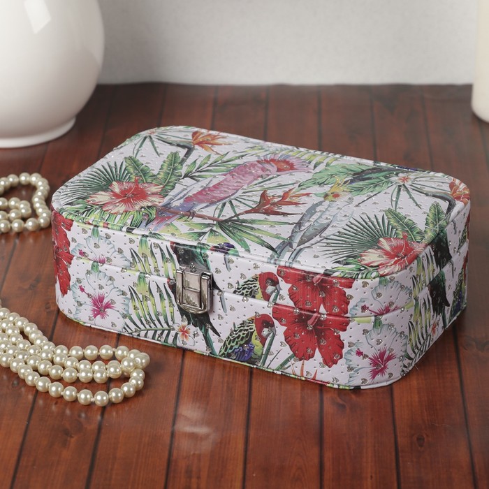 Шкатулка кожзам под часы 1 отделение и бижутерию "Попугаи в джунглях" с блёстками 7х22х15см