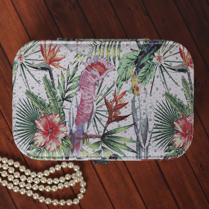 Шкатулка кожзам под часы 1 отделение и бижутерию "Попугаи в джунглях" с блёстками 7х22х15см