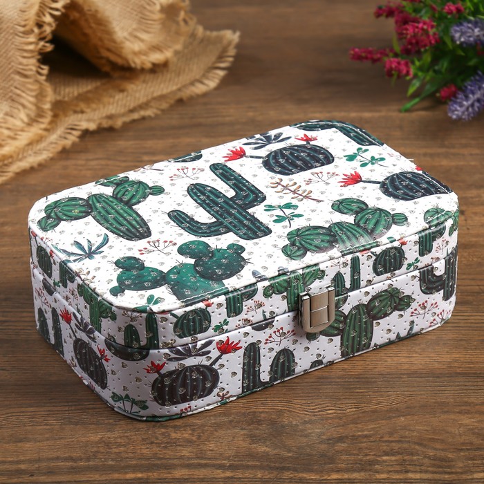 Шкатулка кожзам под часы 1 отделение и бижутерию "Кактусы" с блёстками 7х22х15 см