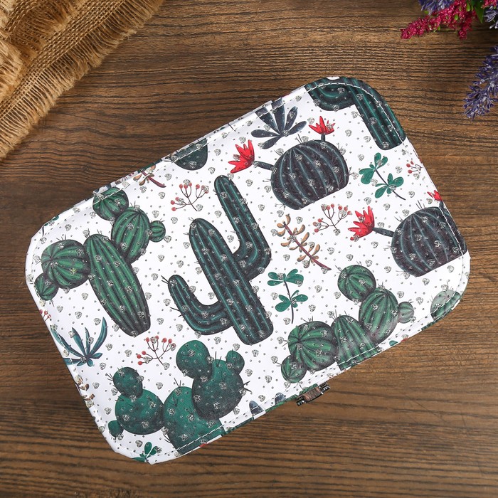 Шкатулка кожзам под часы 1 отделение и бижутерию "Кактусы" с блёстками 7х22х15 см