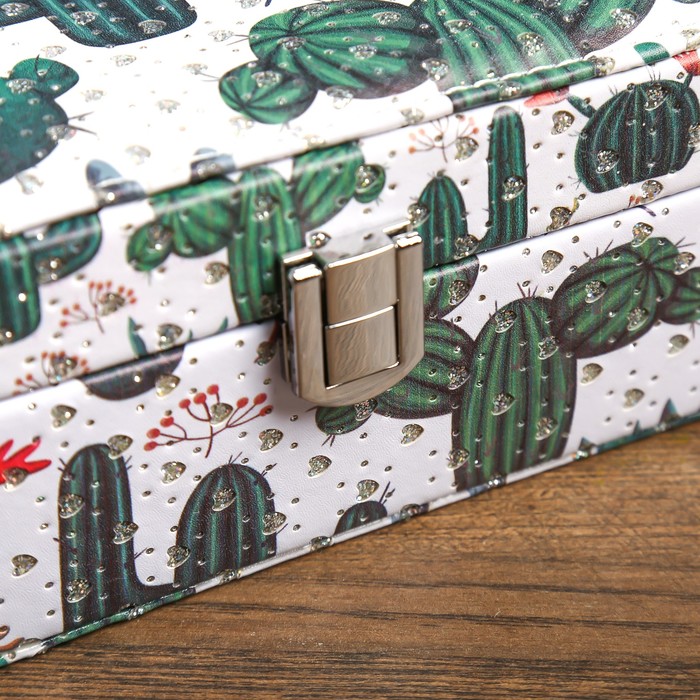 Шкатулка кожзам под часы 1 отделение и бижутерию "Кактусы" с блёстками 7х22х15 см