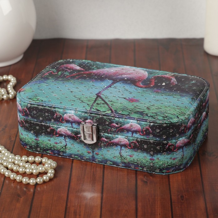 Шкатулка кожзам под часы 1 отделение и бижутерию "Фламинго" с блёстками 7х22х15 см