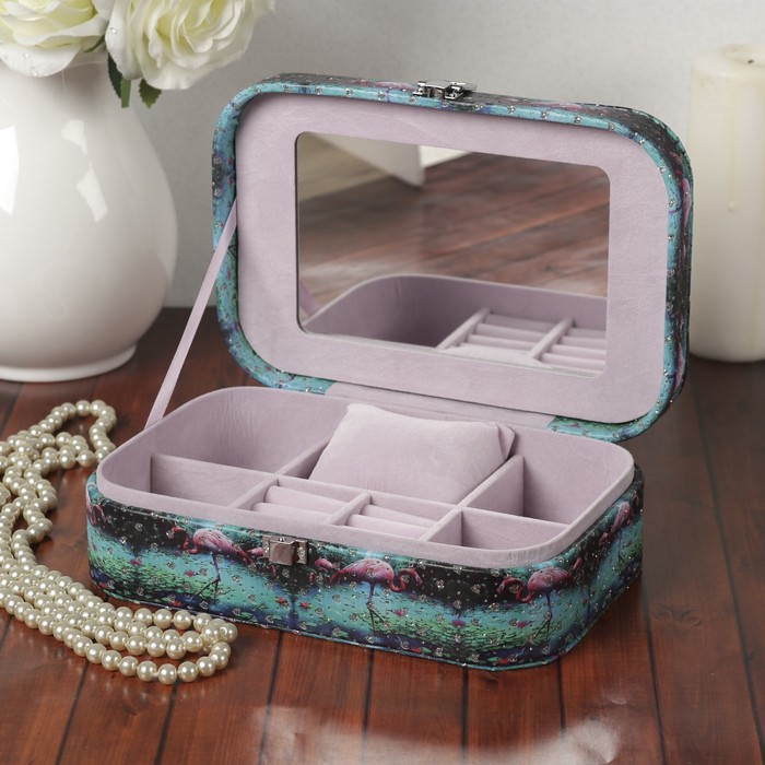 Шкатулка кожзам под часы 1 отделение и бижутерию "Фламинго" с блёстками 7х22х15 см