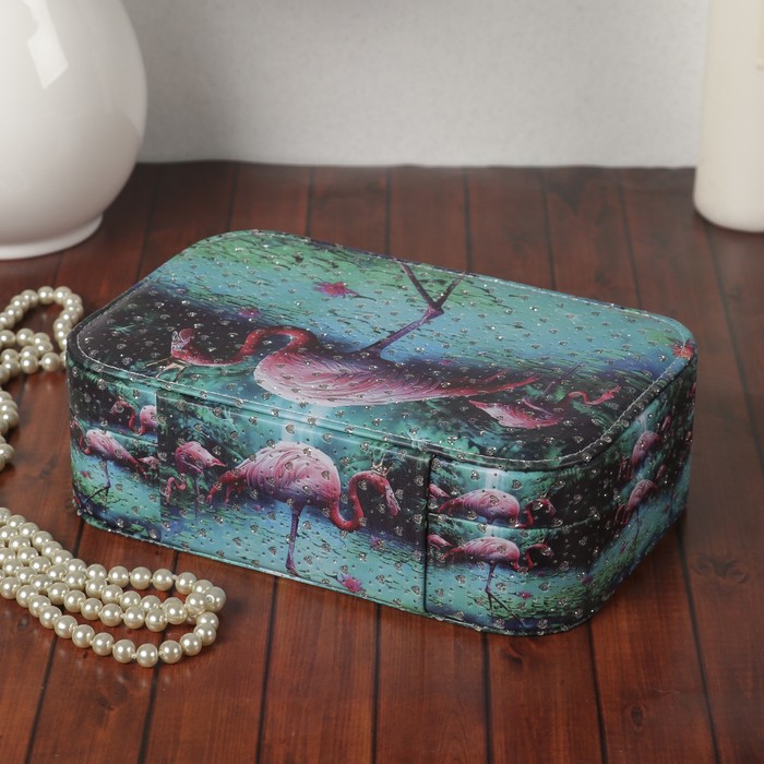 Шкатулка кожзам под часы 1 отделение и бижутерию "Фламинго" с блёстками 7х22х15 см