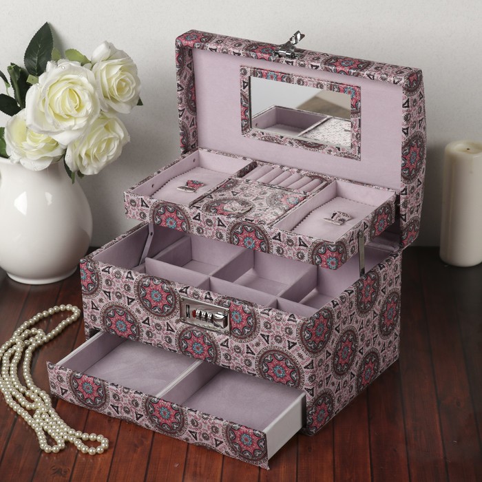 Шкатулка кожзам для украшений "Калейдоскоп" розовая с блёстками 19х30х20,5 см