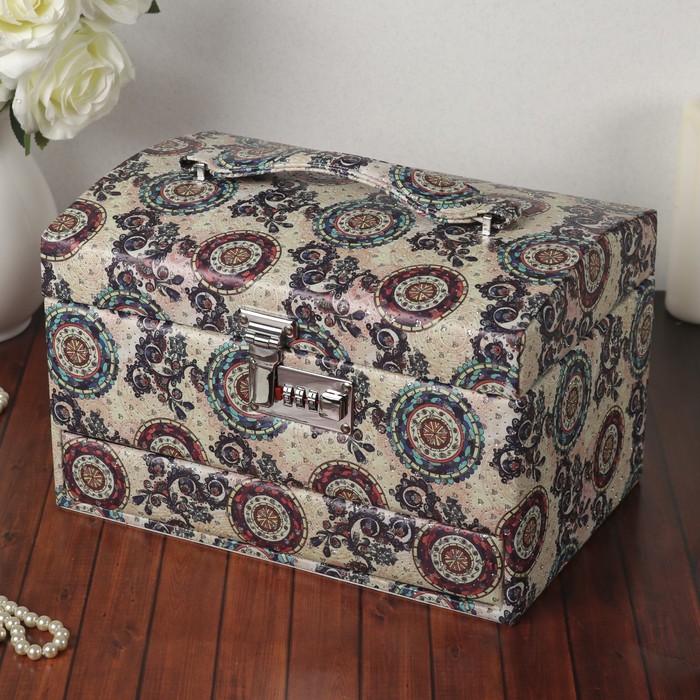 Шкатулка кожзам для украшений "Калейдоскоп" бежевая с блёстками 19х30х20,5 см