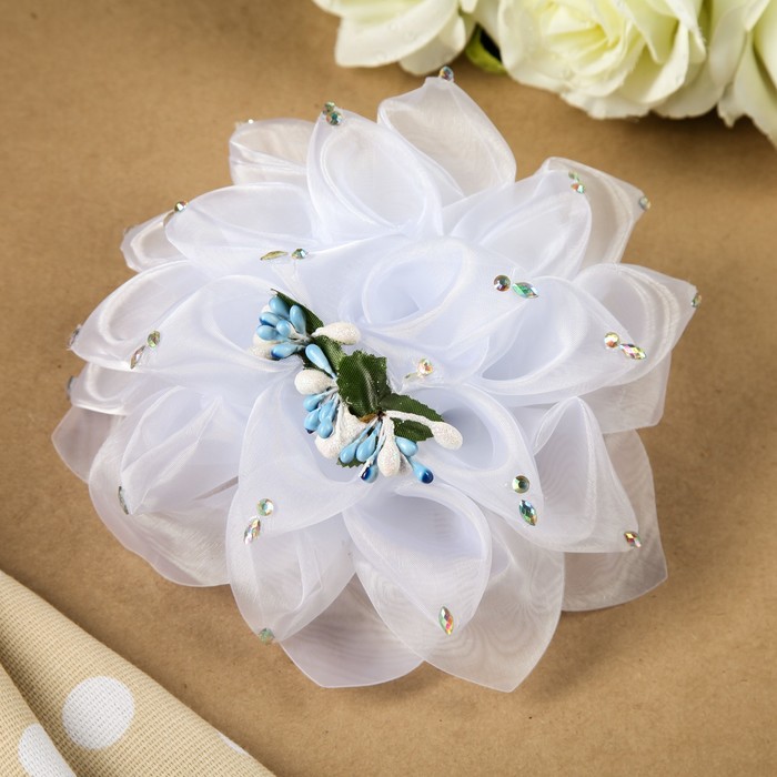 Бант для девочек с резинкой "Георгин", с декорам и стразами, 18 см, микс