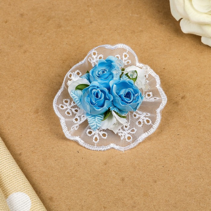 Бант для девочек с резинкой "Свадебный букет", голубой, с вышивкой, 7 см