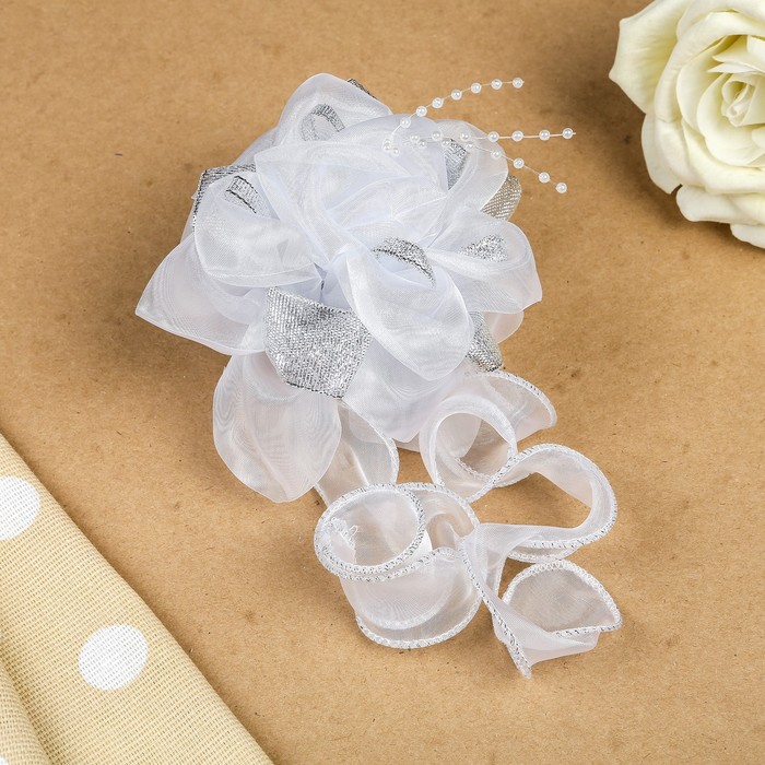 Бант для девочек с резинкой "Лилия", с серебристой тесьмой и лентами, 15 см, микс