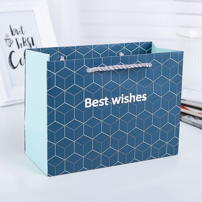 Пакет подарочный "С наилучшими пожеланиями", голубой, люкс, 19,5 х 8,5 х 14,5 см