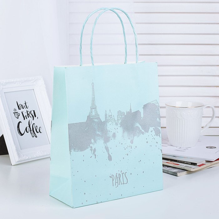Пакет крафт "Париж", голубой, 20 х 9 х 24,5 см