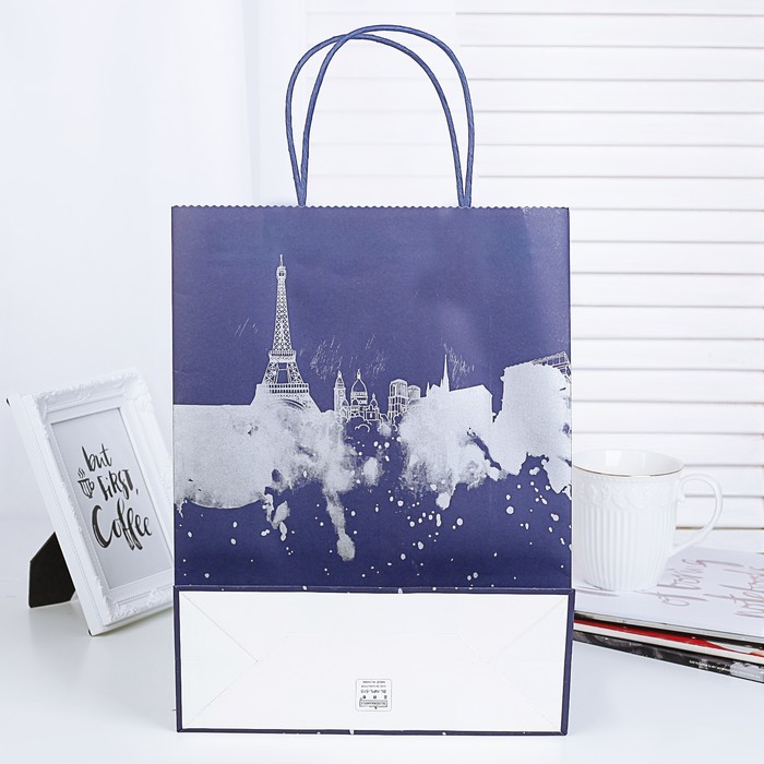 Пакет крафт "Париж", синий, 26,5 х 11 х 35 см