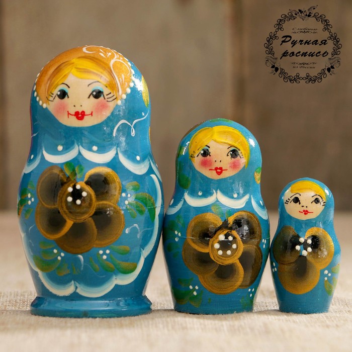 Матрёшка «Цветочек», бирюзовое платье, чёрно-золотой цветок, 3 кукольная, 10 см